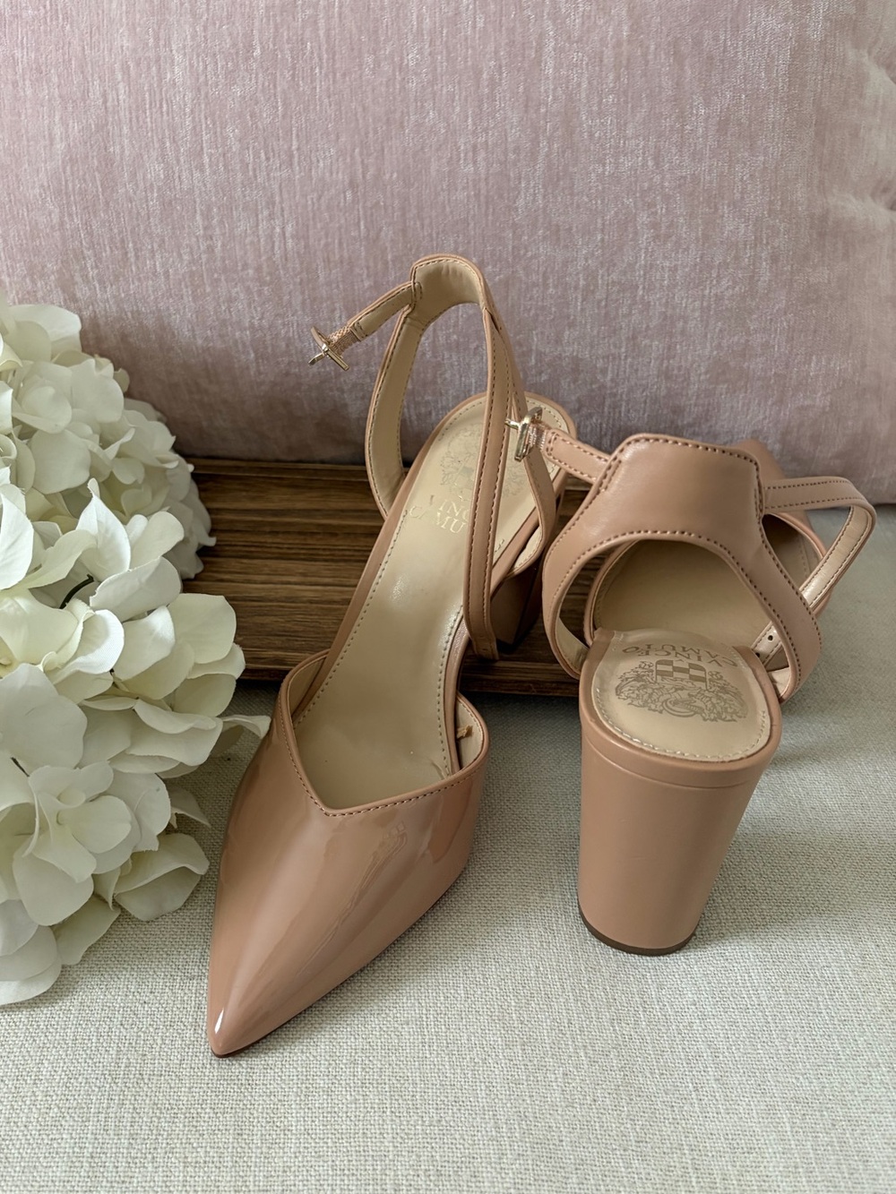 Vince Camuto Nude Patent Pointed-Toe Block Heel Sandals with Ankle Strap